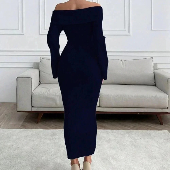 Black Elegant Women's Off Shoulder Sweater Maxi Dress Slim Fit - Picture 2 of 7
